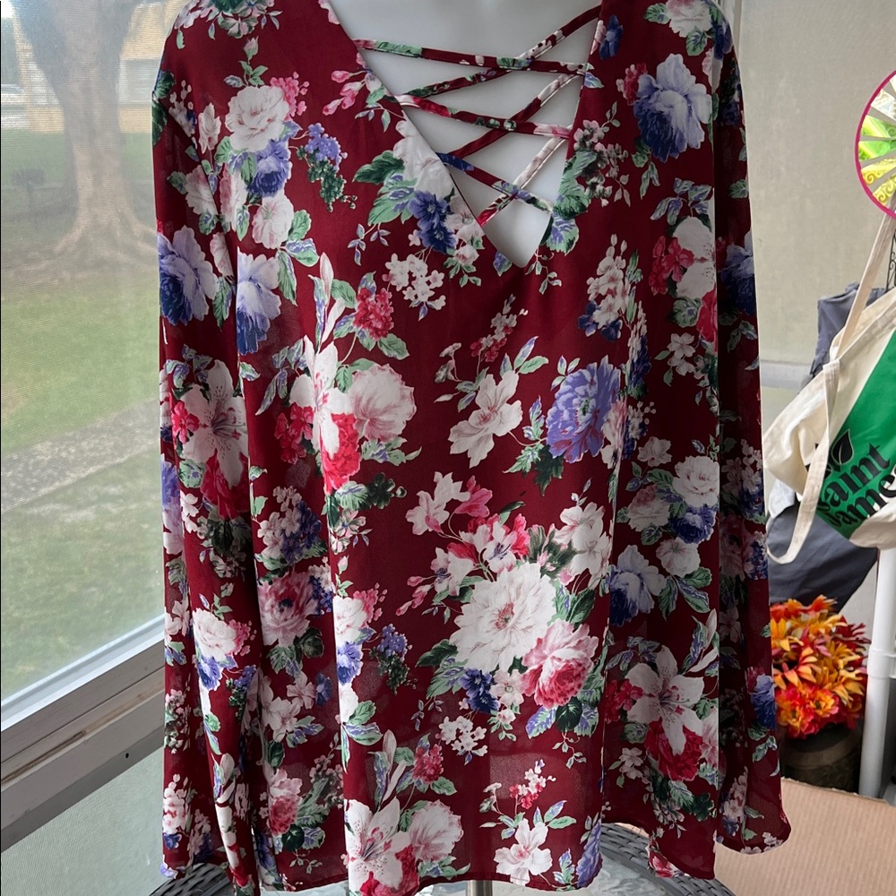Burgundy Floral Crisscross Women's Blouse